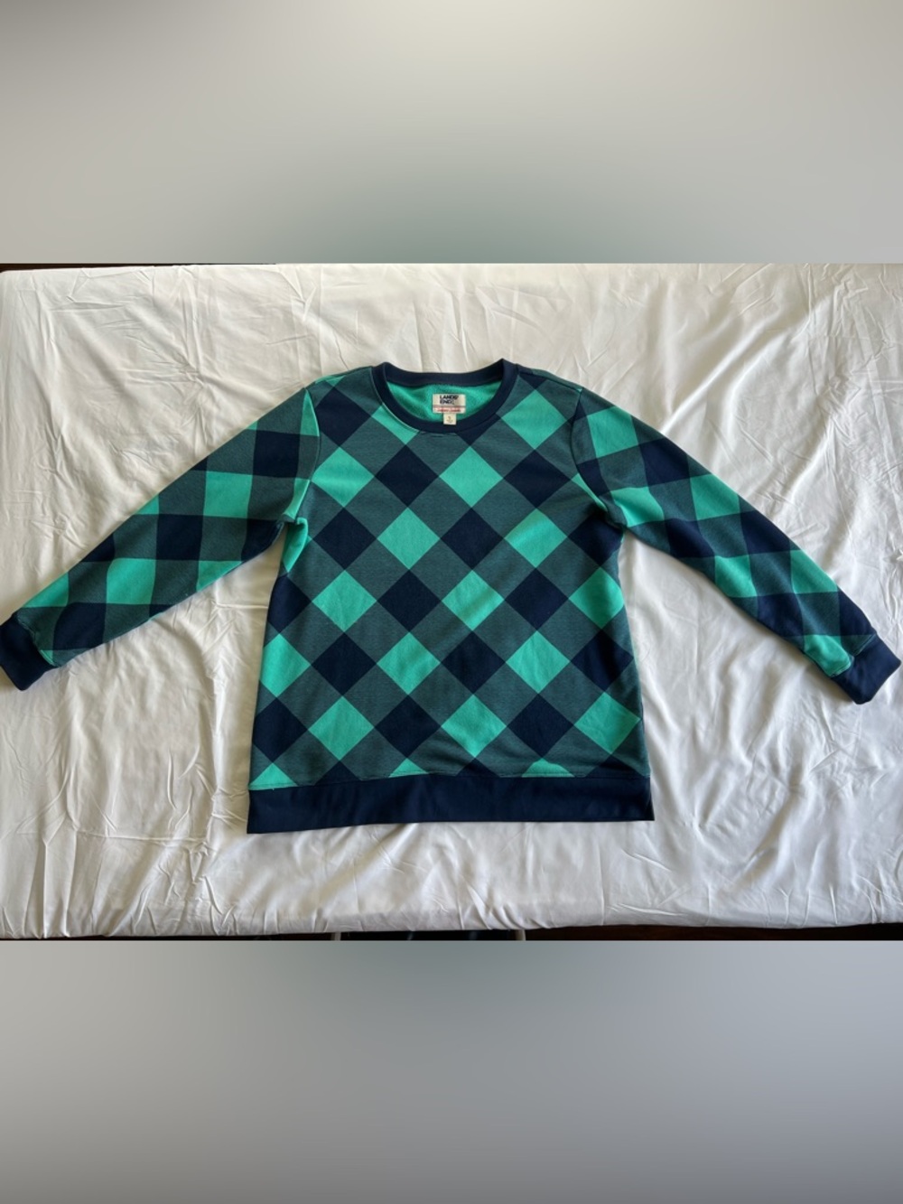 Lands' End Checker Crewneck in Teal and Navy